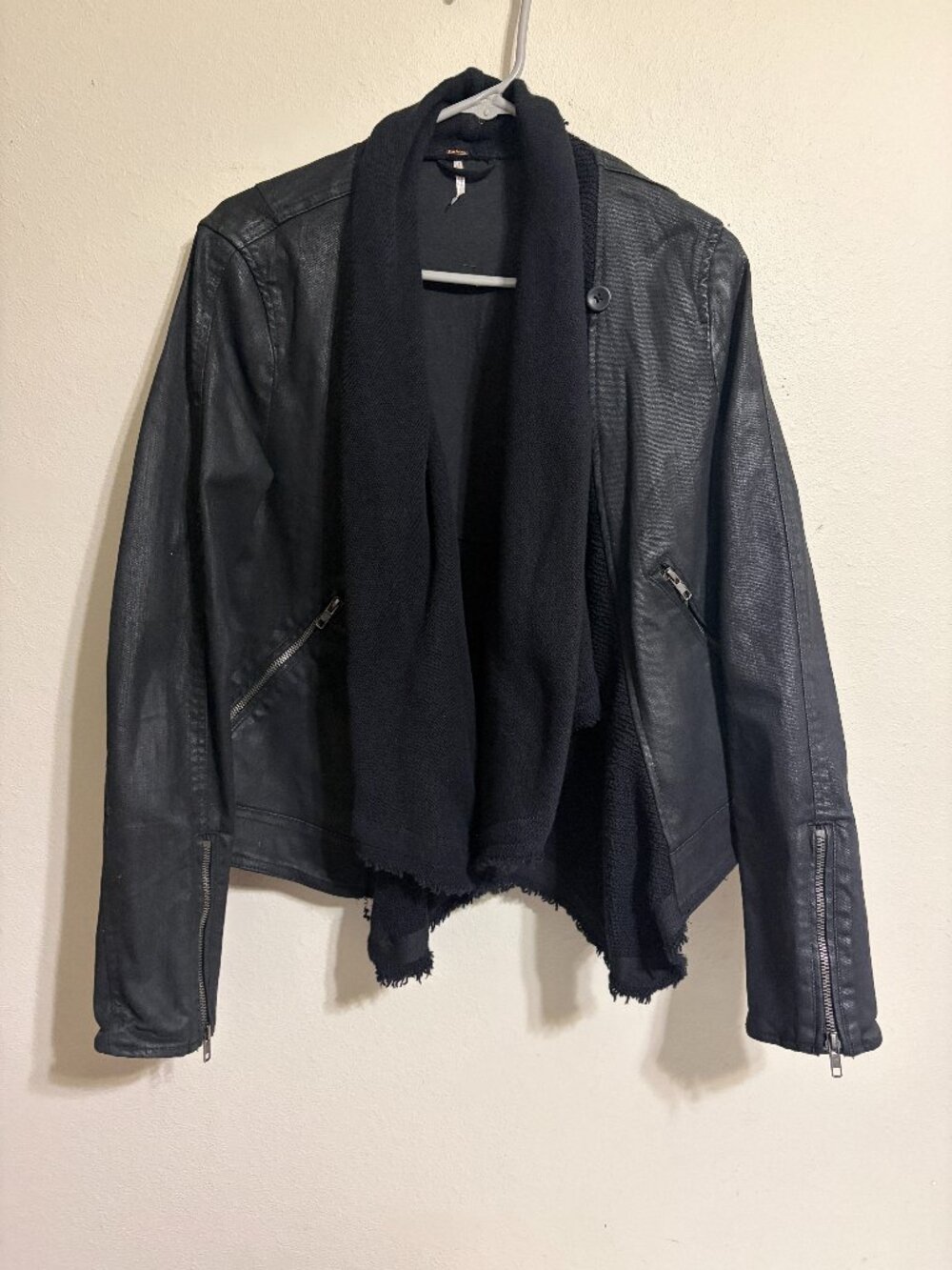 Free People Black Wax Denim Moto Jacket Size 12
